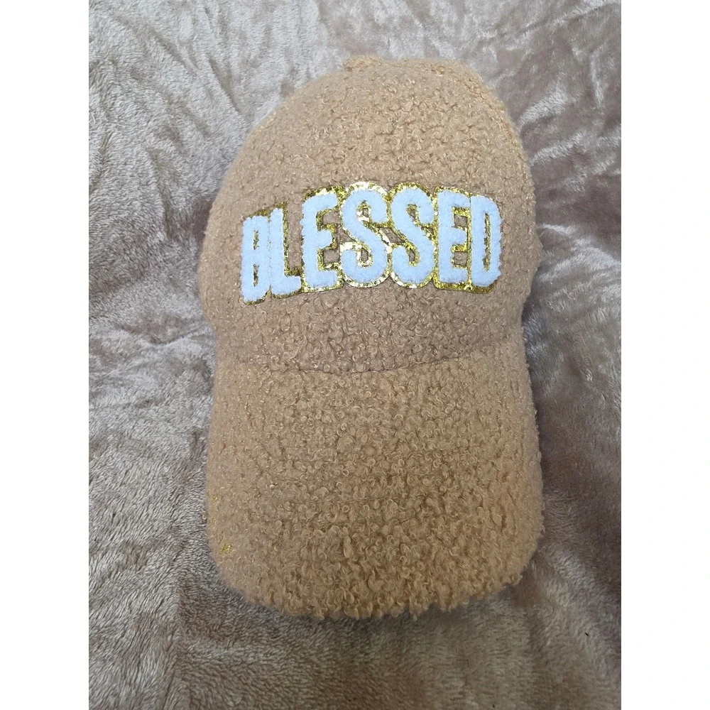Simply Southern Blessed Tan Sherpa Fleece Baseball Cap Gold Glitter One Size
